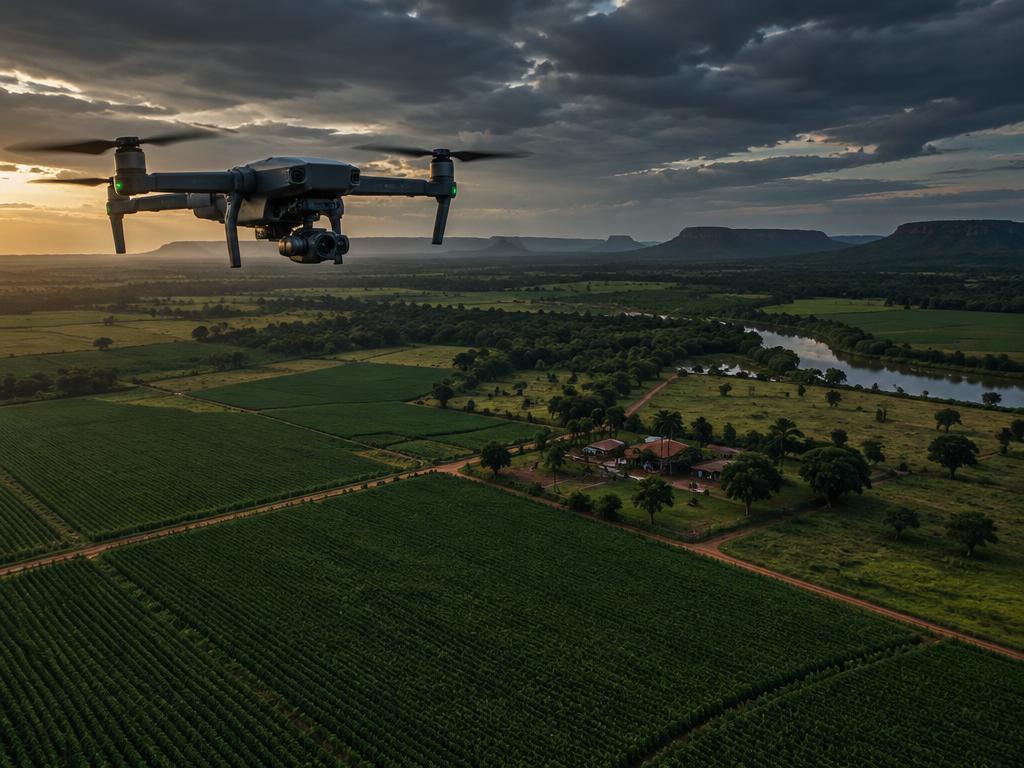 Drone realizando mapeamento aéreo de fazenda